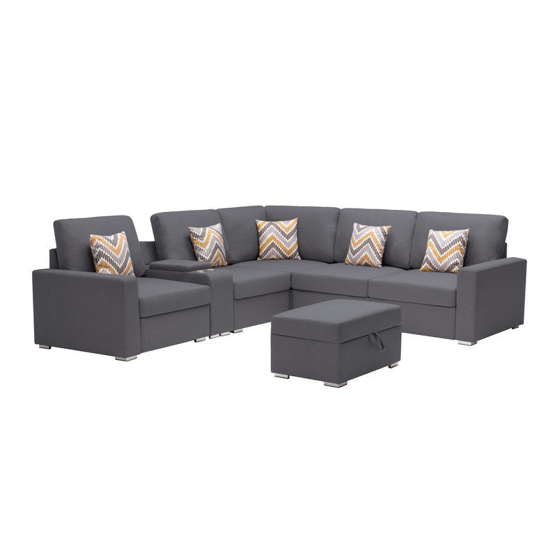 Modular Gray Linen Sectional Sofa Set with Storage Ottoman and Charging Ports