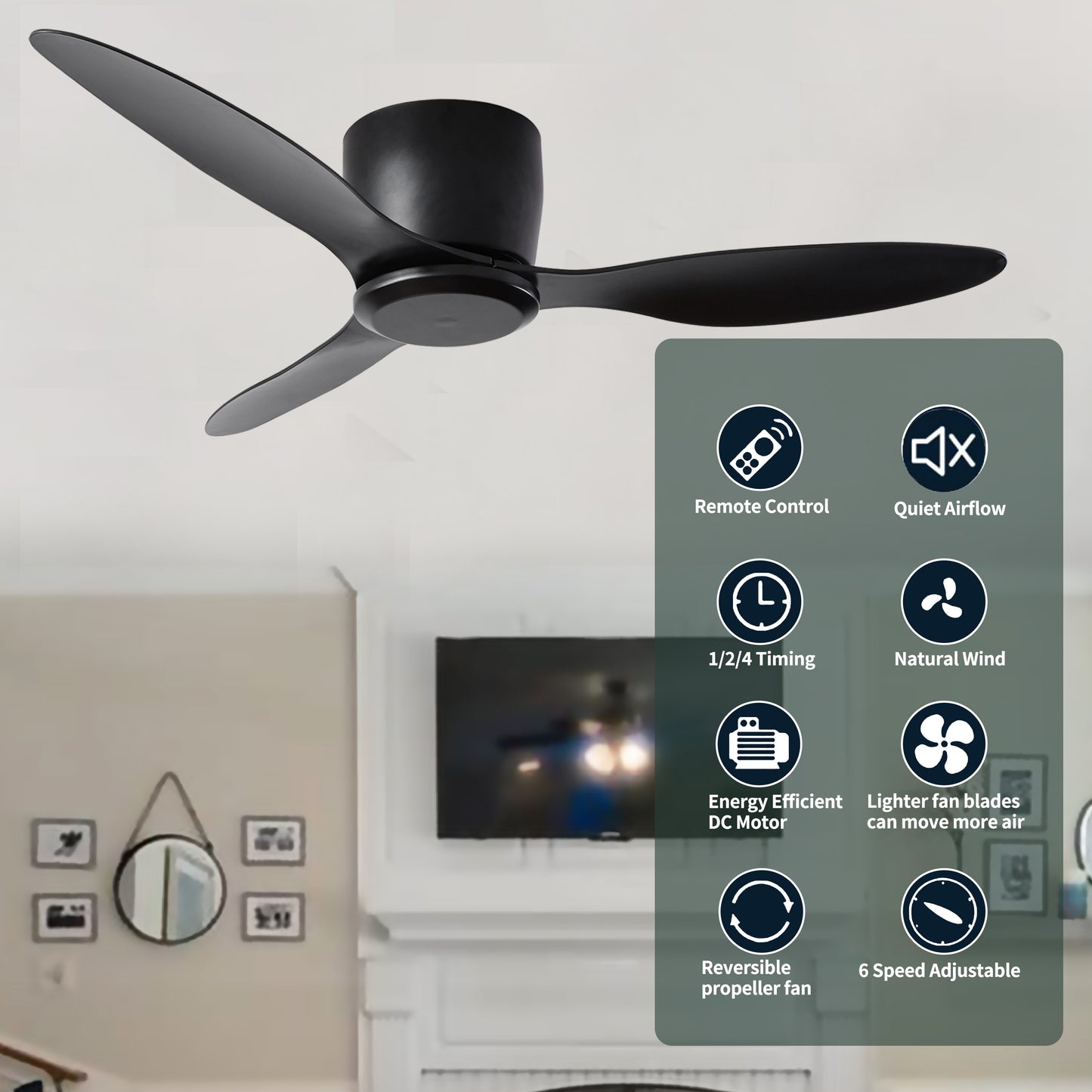 Quiet 42 Black Flush Mount Ceiling Fan with 6 Speeds Reversible Motor