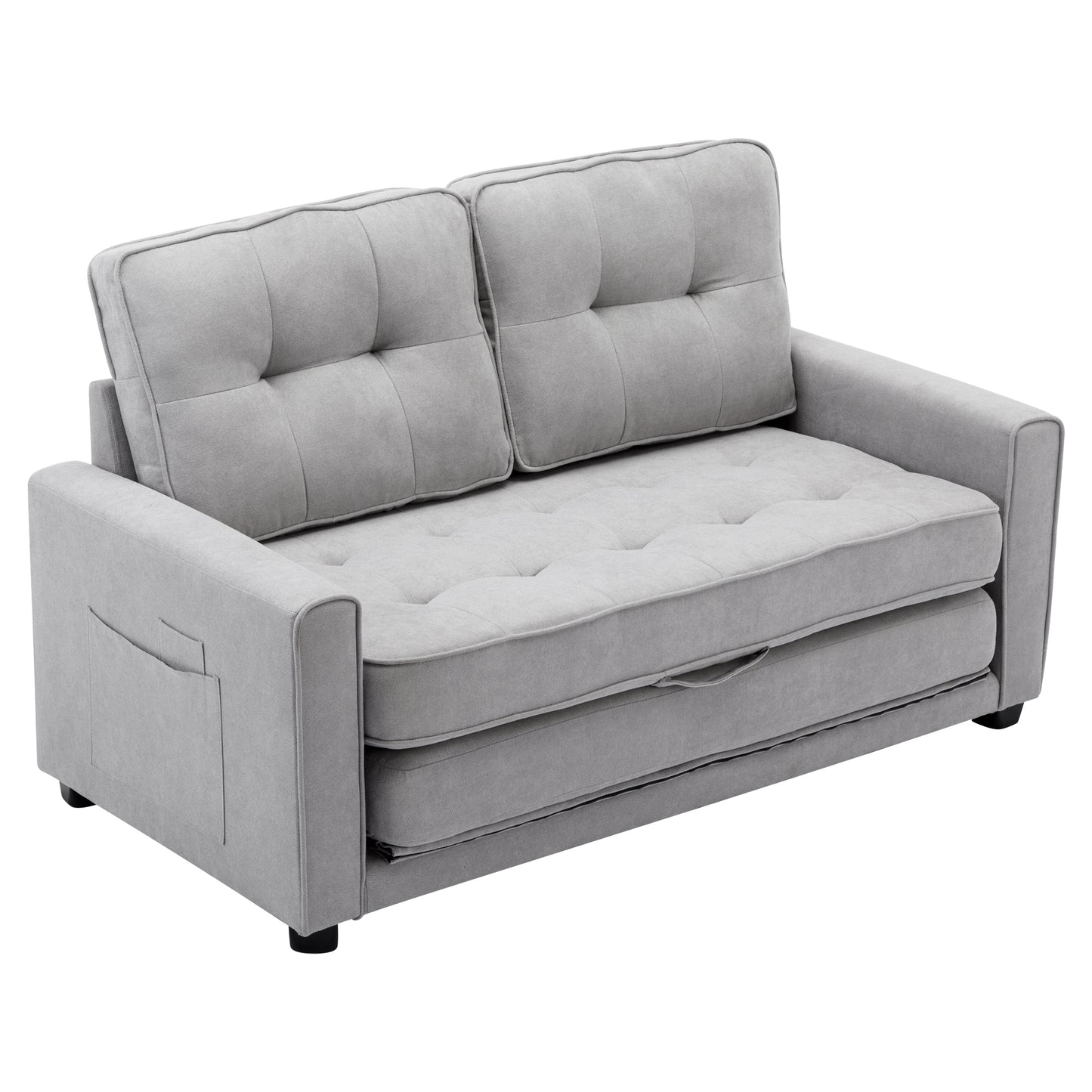 Multifunctional Grey Loveseat Sofa with Pull-Out Bed and Storage Pockets - Modern Upholstered Couch for Living Room and Office