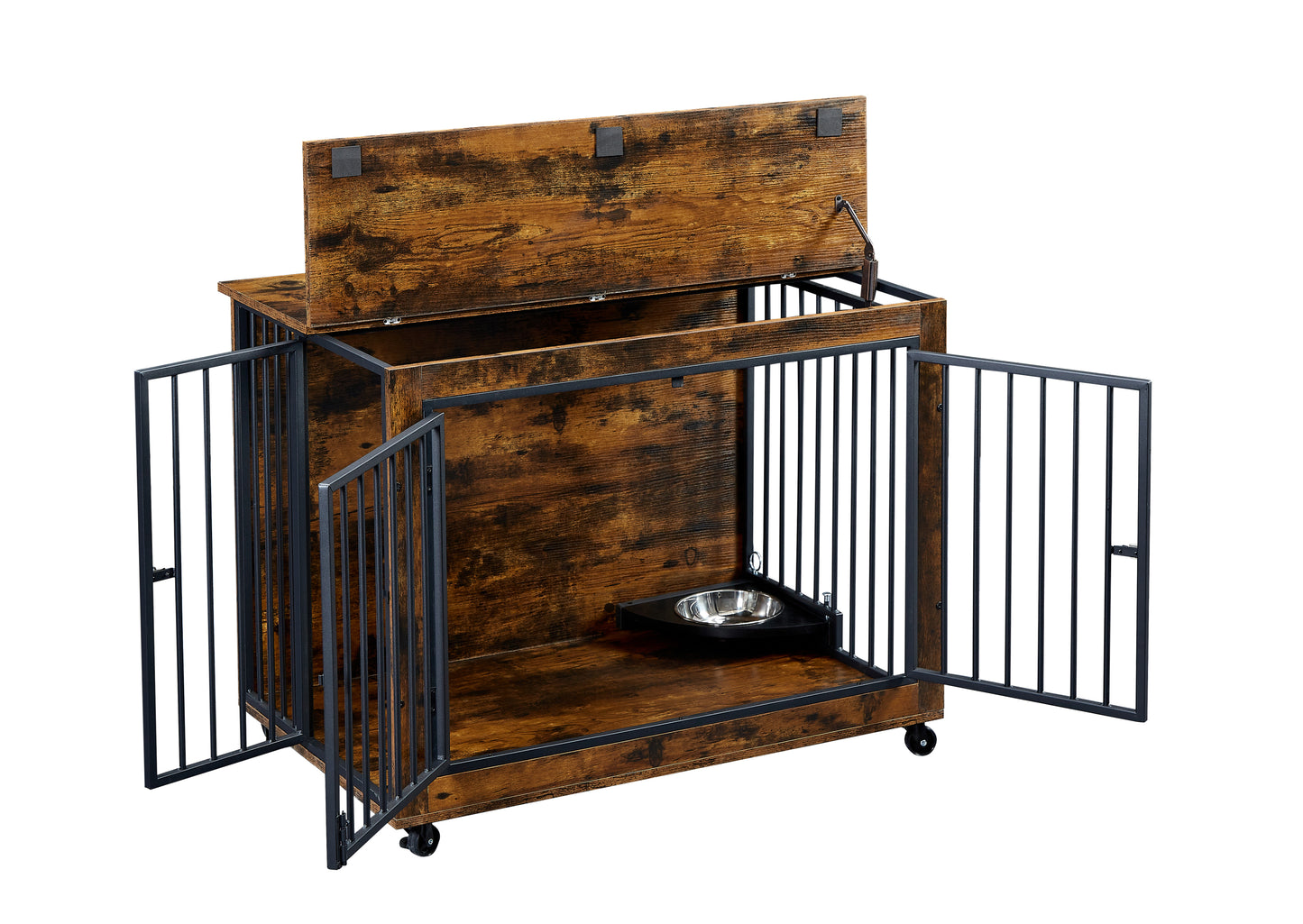 Furniture Style Dog Crate Side Table With Rotatable Feeding Bowl, Wheels, Three Doors, Flip-Up Top Opening. Indoor, Rustic Brown, 38.58"W x 25.2"D x 27.17"H