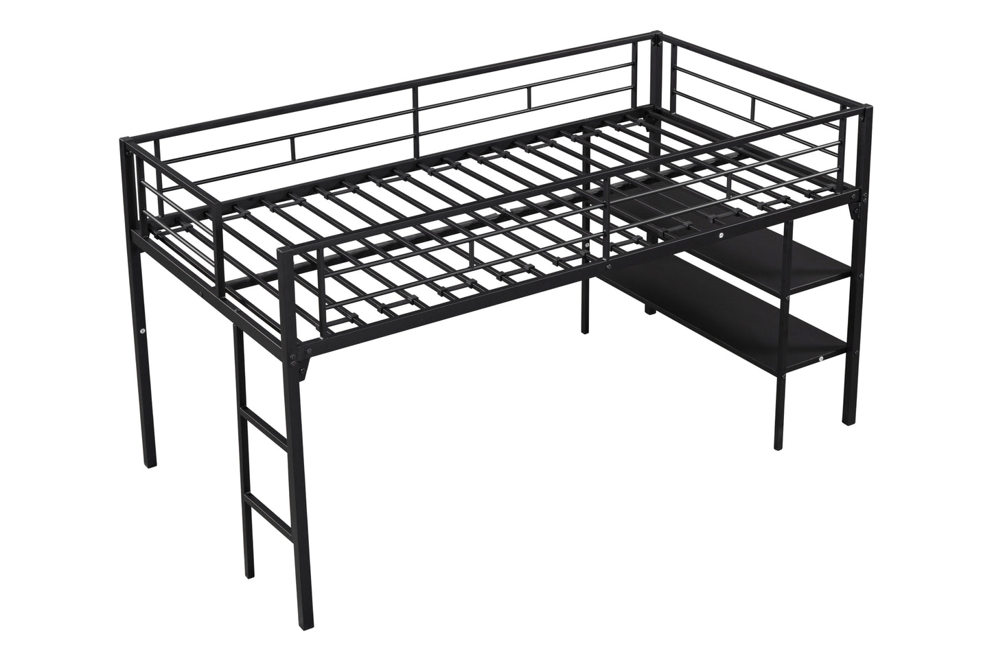 Low Loft bed with storage shelves