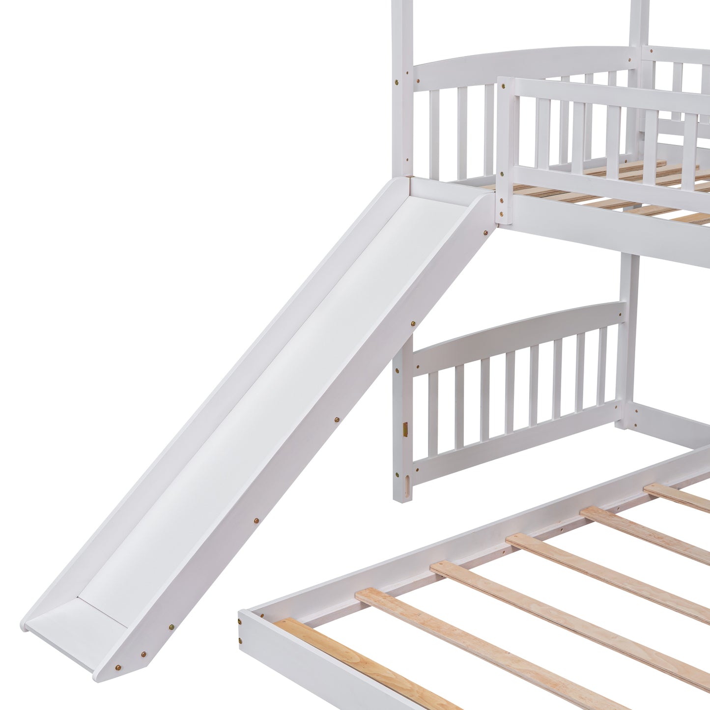 White Twin Over Twin Bunk Bed with Slide and Playhouse