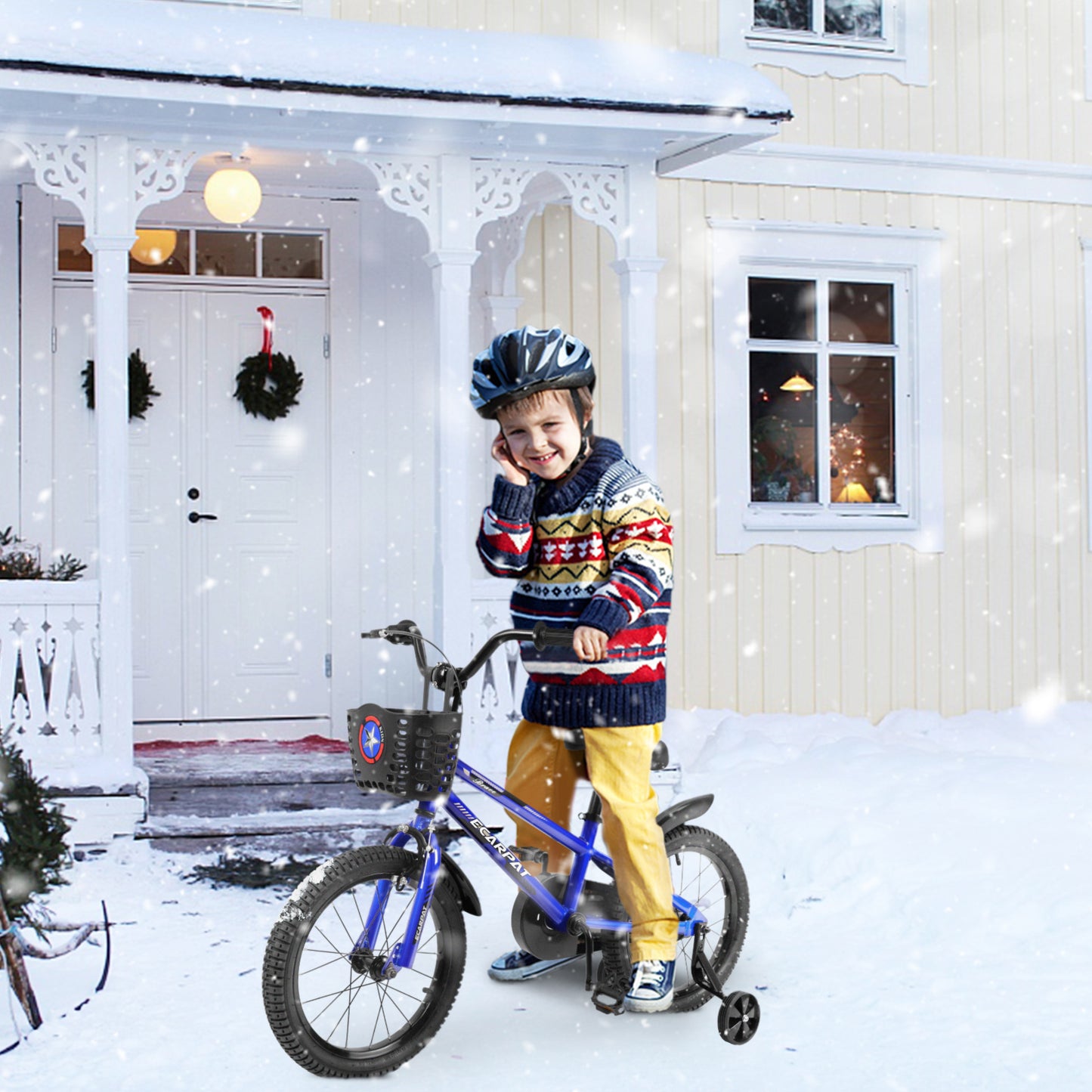 Kids Bike 14 inch for Boys & Girls with Training Wheels,  Freestyle Kids' Bicycle with Bell,Basket and fender.