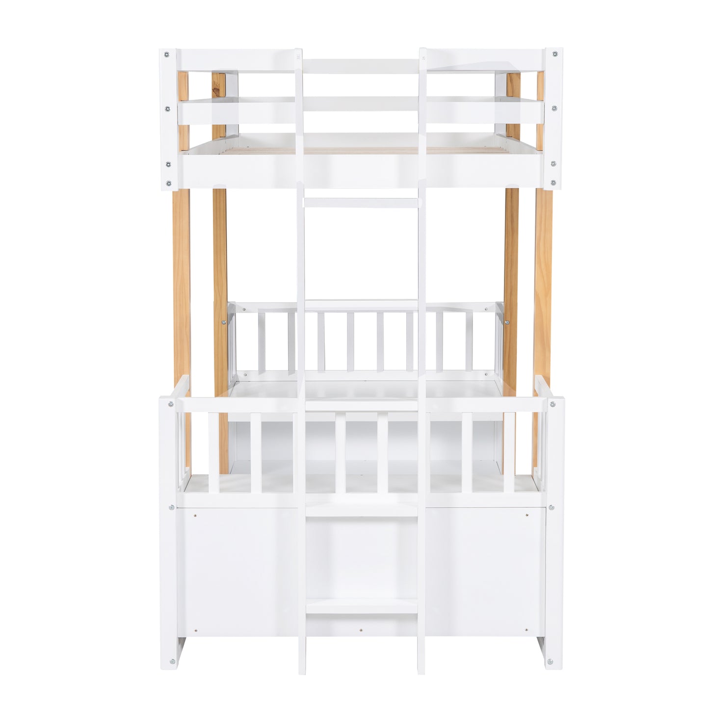 Wood Twin Size Loft Bed with 2 Seats and a Ladder, White