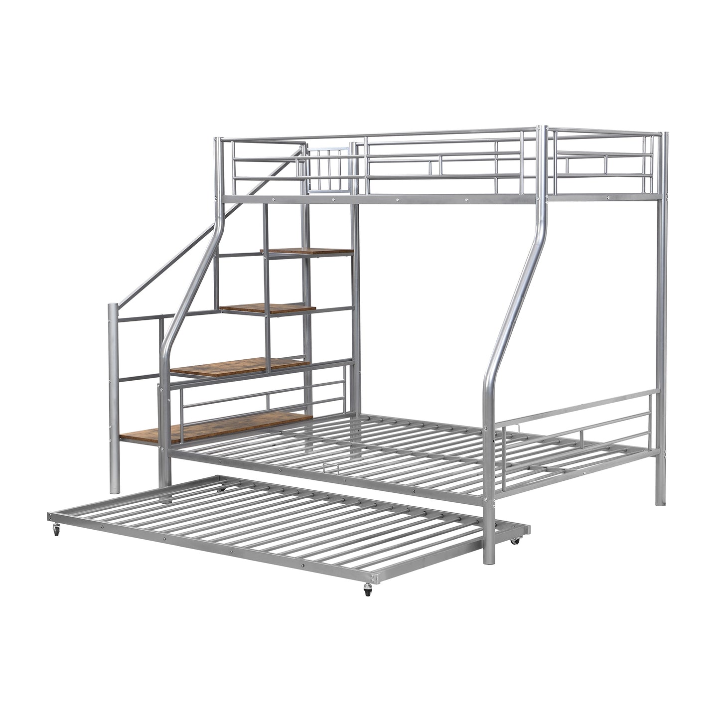 Silver Metal Bunk Bed with Trundle and Storage Staircase