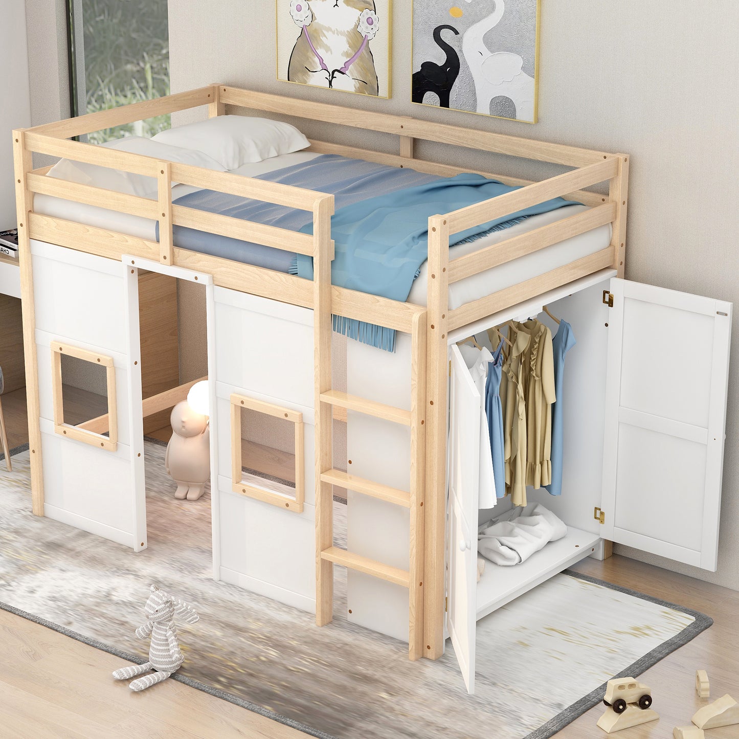 Wood Twin Size Loft Bed with Built-in Storage Wardrobe and 2 Windows, Natural/White