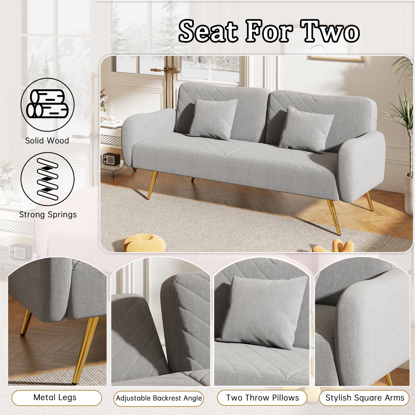 70.47 Gray Fabric Double Sofa with Split Backrest and Two Throw Pillows