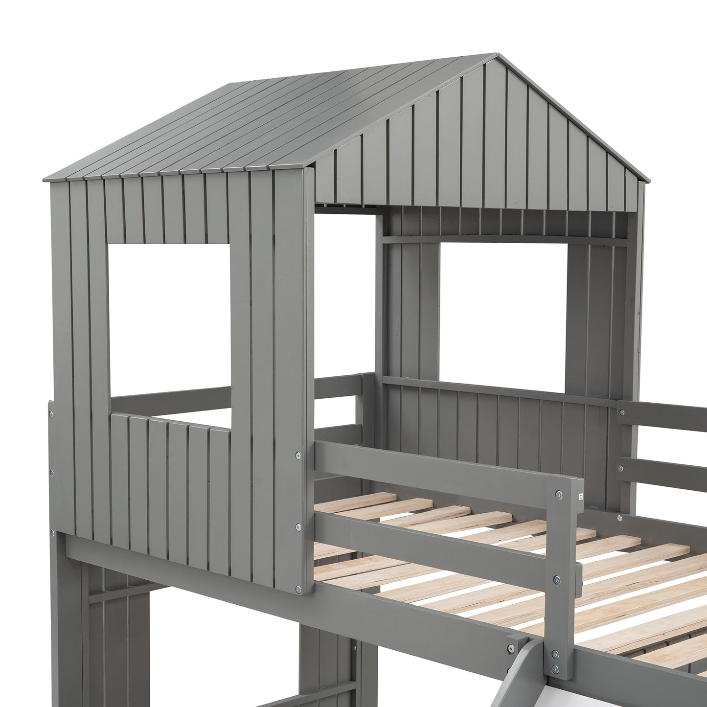 Playhouse Twin Over Full Bunk Bed with Ladder, Slide & Guardrails - Gray Wood, LT000028AAN