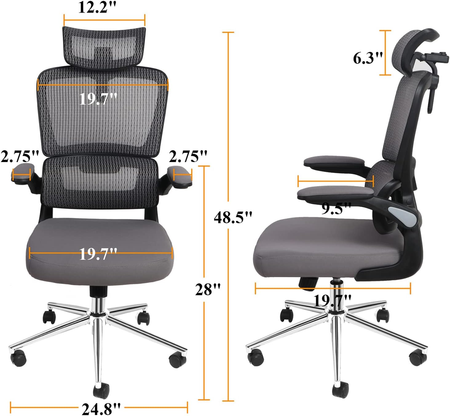 Mesh Ergonomic Office Chair with Flip Up Arms High Back Desk Chair -High Adjustable Headrest with Flip-Up Arms, Tilt Function, Lumbar Support Swivel Computer Chair Task Chair,Executive Chair, Gray