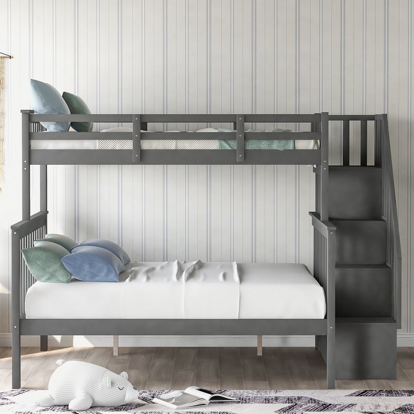 Gray Twin-Over-Full Bunk Bed with Staircase Storage and Safety Rail