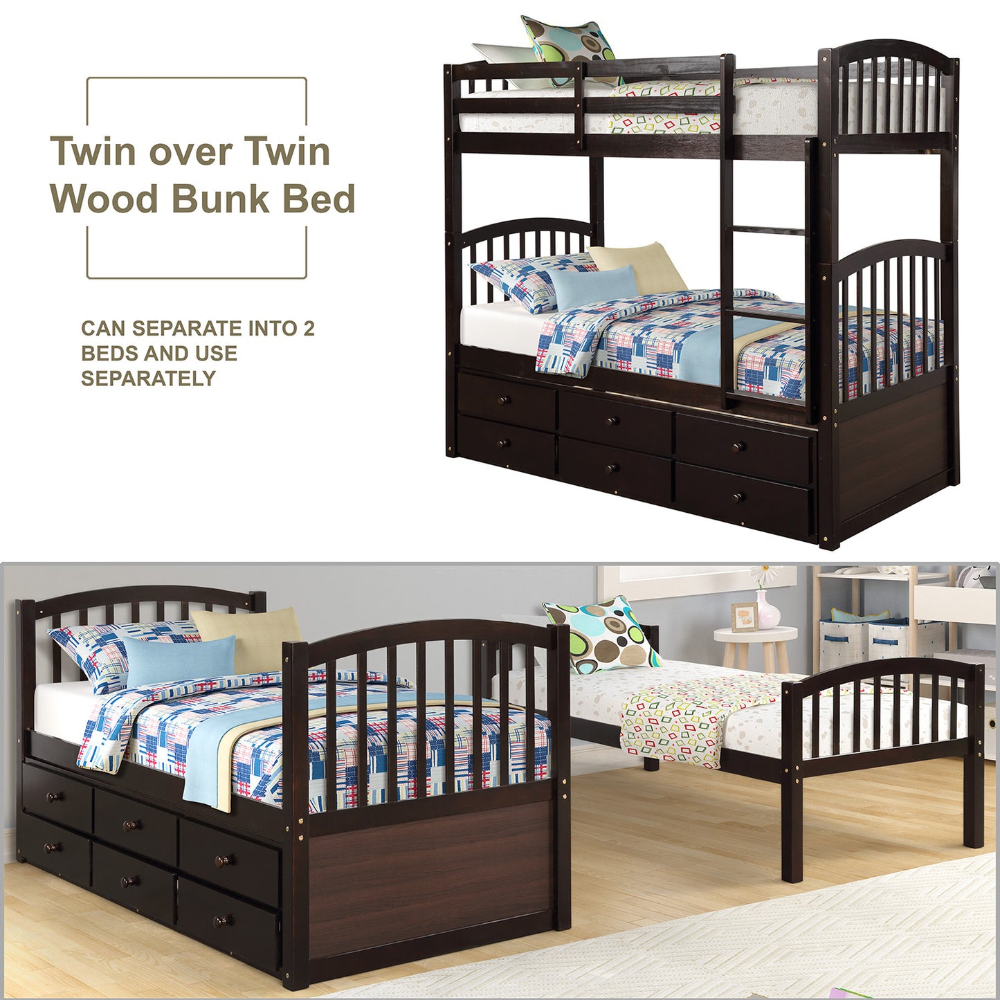 Versatile Twin Bunk Bed with Trundle and Storage Drawers for Stylish Sleepovers