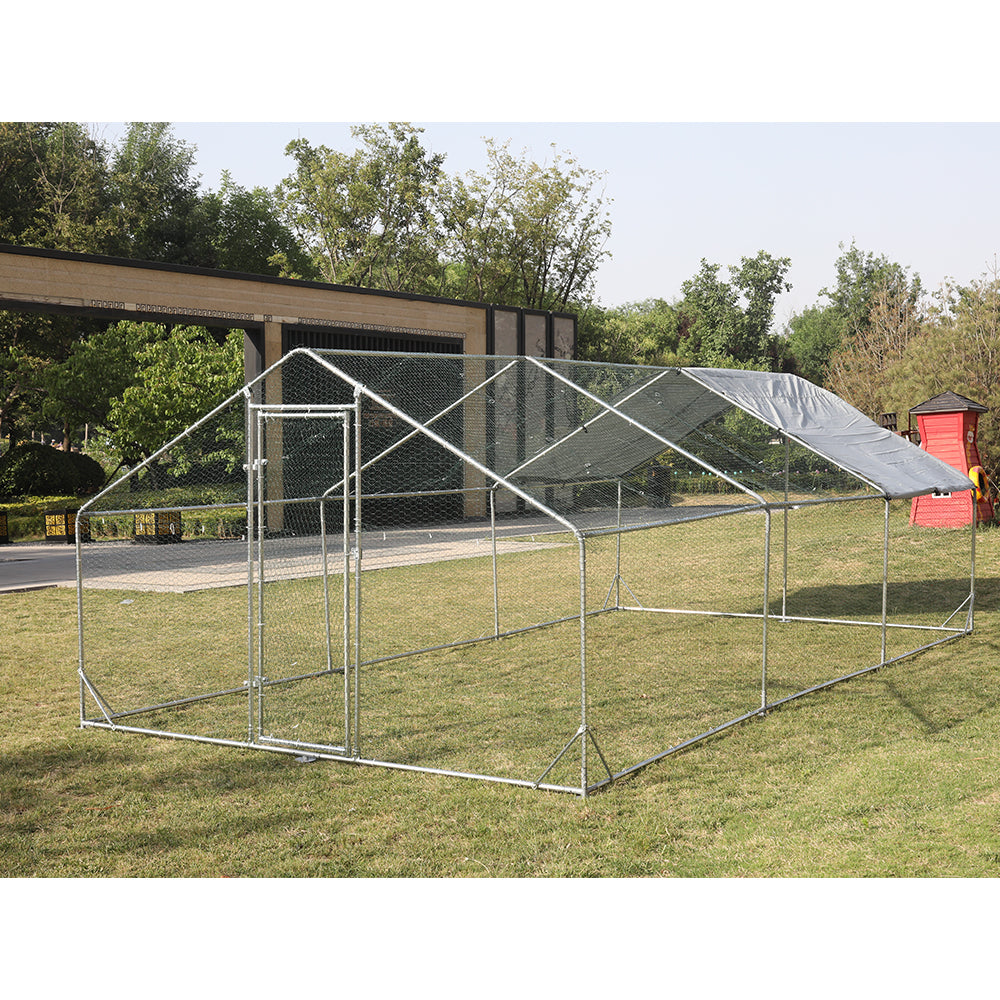 Large Metal Chicken Coop Walk-in Poultry Cage Hen Run House Rabbits Habitat Cage Spire Shaped Coop with Waterproof and Anti-Ultraviolet Cover (9.8' L x 19.7' W x 6.4' H)