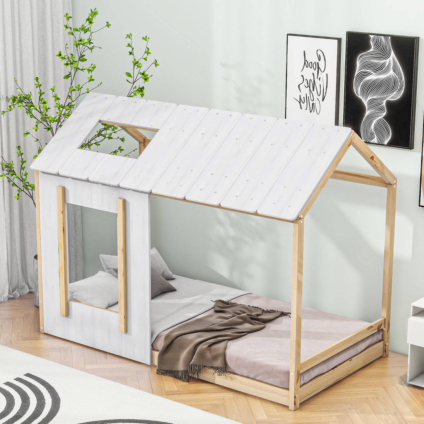 Twin Size House Platform with Roof and Window , White+Natural