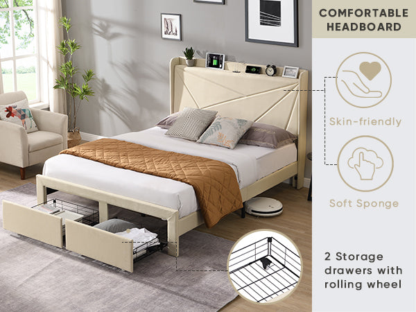 Queen Size Bed Frame with 2 Storage Drawers, Upholstered Bed Frame with Wingback Headboard Storage Shelf Built-in  USB Charging Stations and Strong Wood Slats Support, No Box Spring Needed, Beige