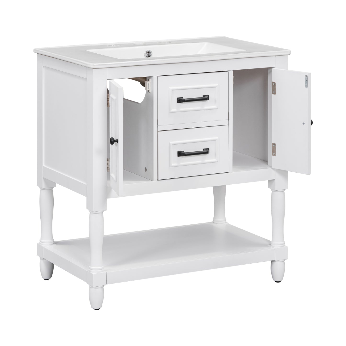 30" Bathroom Vanity with Sink Top, Bathroom Vanity Cabinet with Two Doors and Two Drawers, Solid Wood Frame, One Package, White