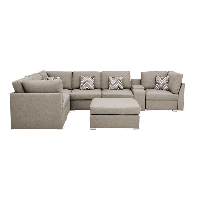 Lucy Beige Fabric Convertible Modular Sectional Sofa Set with USB Console and Ottoman