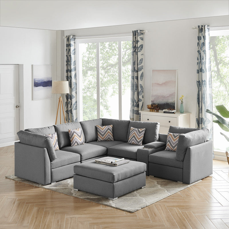 Amira Gray Fabric Sectional Sofa Set with USB Console and Ottoman