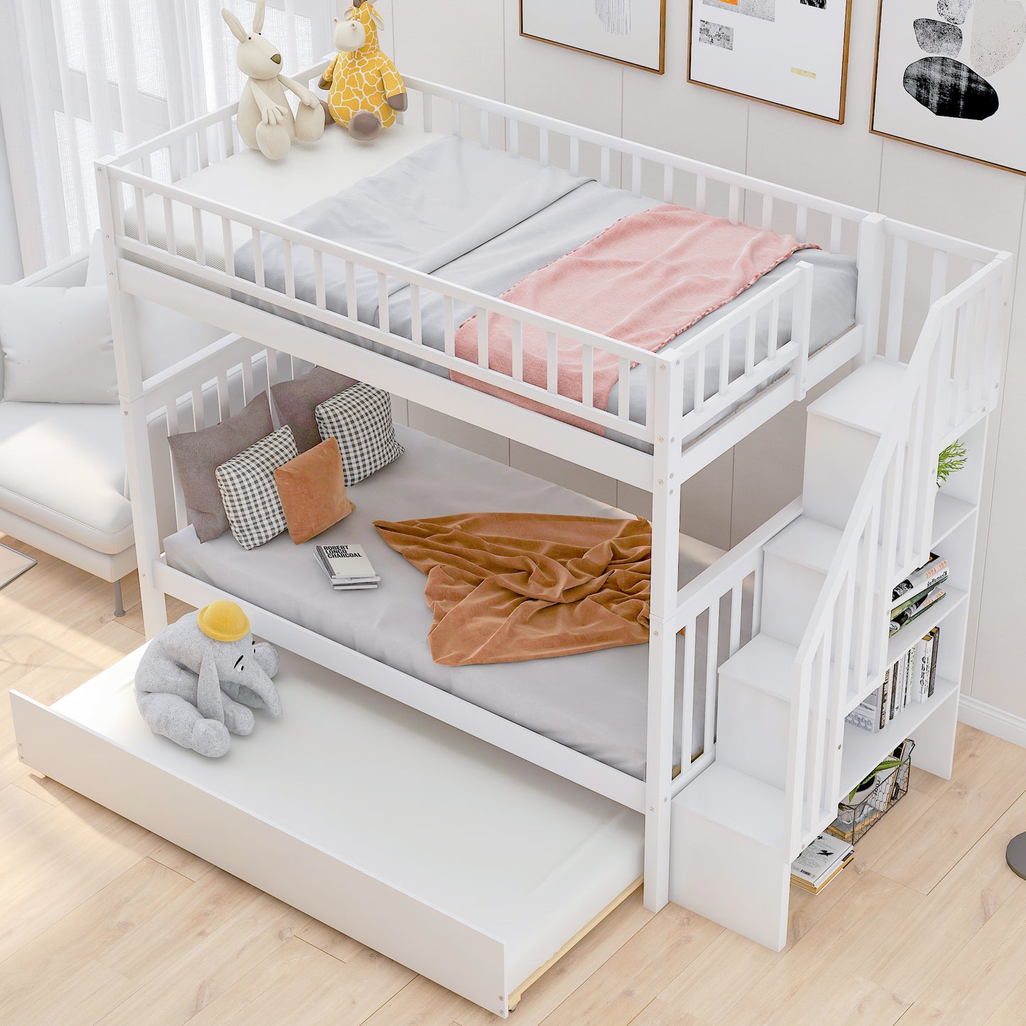 White Twin Bunk Bed with Trundle, Storage, and Convertible Design