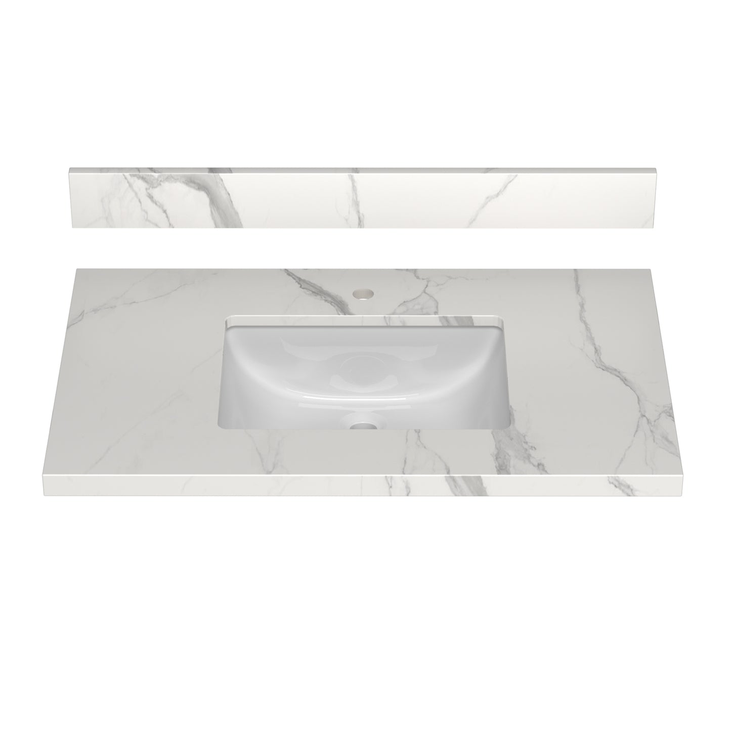 37 Inch Quartz Vanity Top with Undermounted Rectangular Ceramic Sink & Backsplash, White Calacatta Engineered Stone Countertop for Bathroom Kitchen Cabinet 1 Faucet Hole (not Include Cabinet)