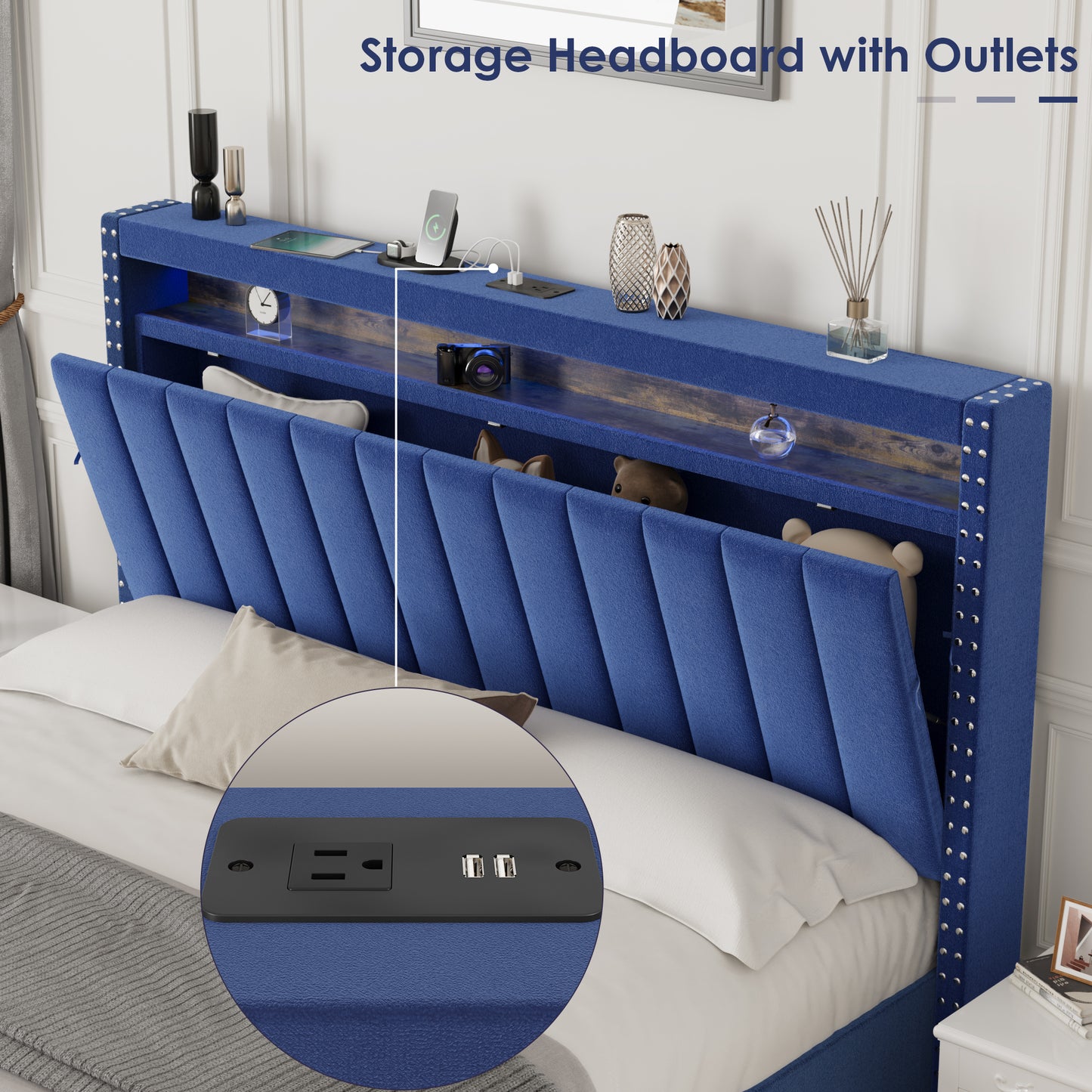 Luxury Gas Lift Storage Bed with RF LED Lights, Storage Headboard ,QUEEN Size ,Velvet Blue