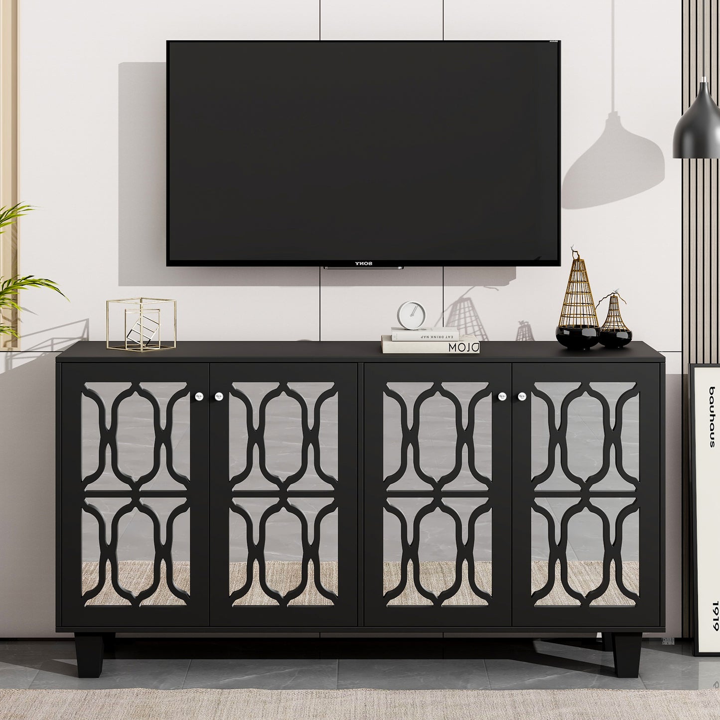 Adjustable Shelves Buffet Cabinet: Multifunctional Black Mirror TV Stand