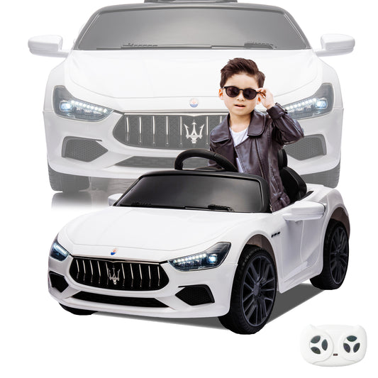 White, Ride On Car, Licensed Maserati 12V, Rechargeable Battery Powered Electric Car with 2 Motors, Parental Remote Control and Manual Modes, Led Lights, MP3, Horn, Music, 4-Wheel, Gift for Boys Girls