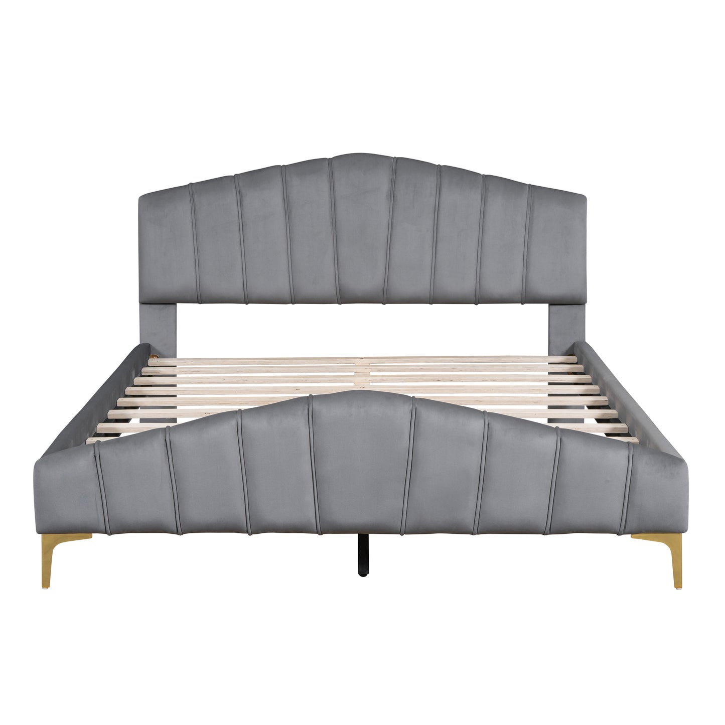 Queen Size Velvet Platform Bed with Thick Fabric, Stylish Stripe Decorated Bedboard and Elegant Metal Bed Leg, Gray