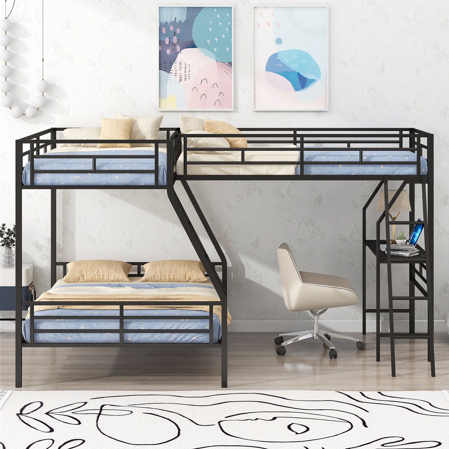 Innovative Space-Saving Twin over Full Bunk Bed with Loft Bed, Desk & Metal Frame, Black