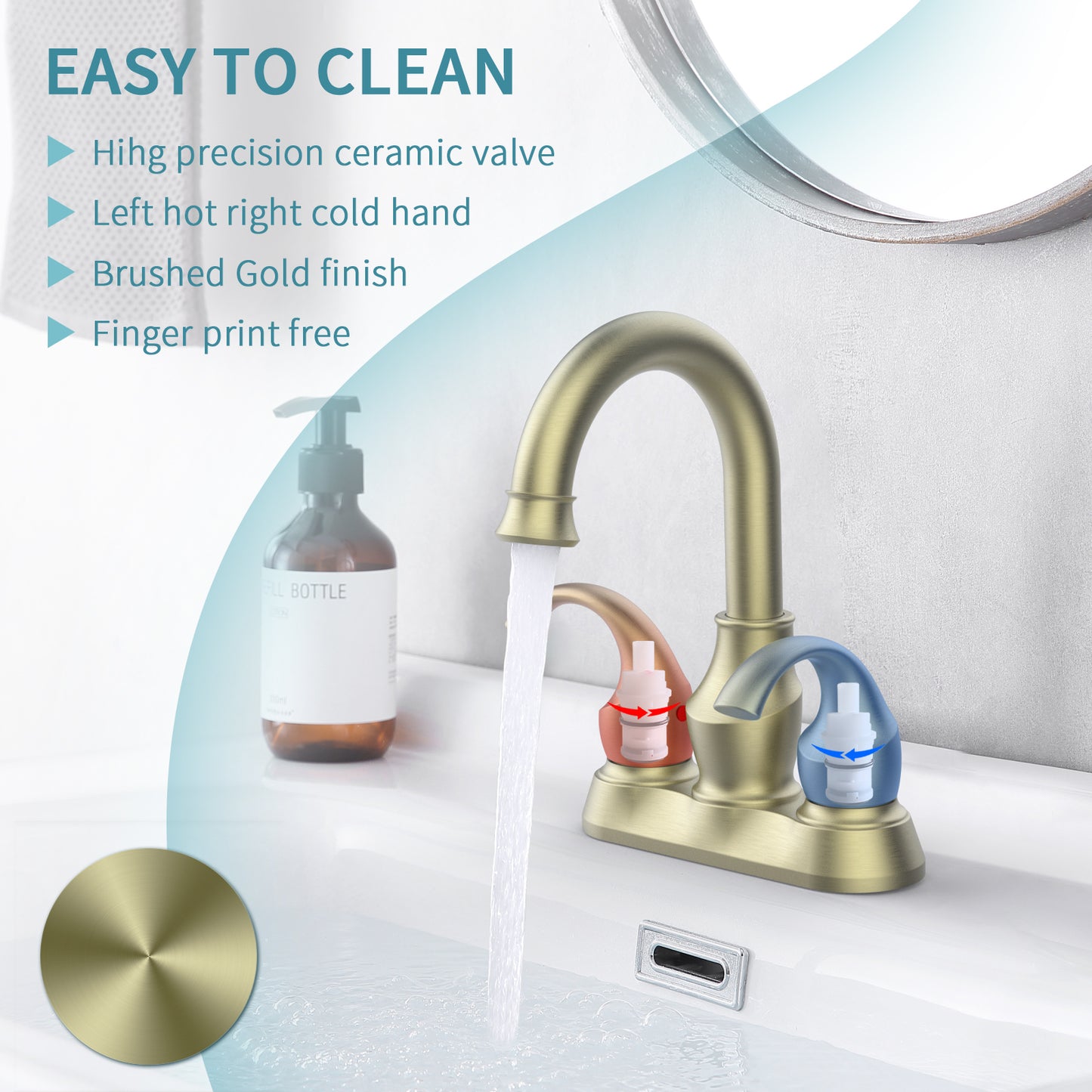 Brushed Gold Crescent Moon Bathroom Faucet with 360 Degree Swivel Spout and Pop-Up Drain