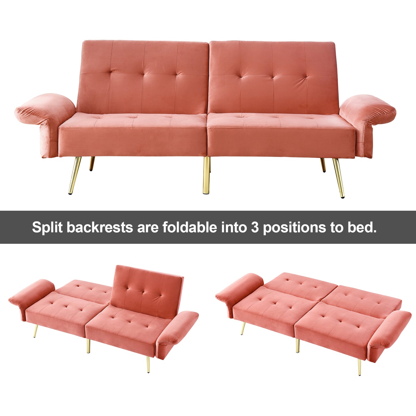 Pink Italian Velvet Convertible Sleeper Sofa Bed with Folded Armrests and Storage Bags