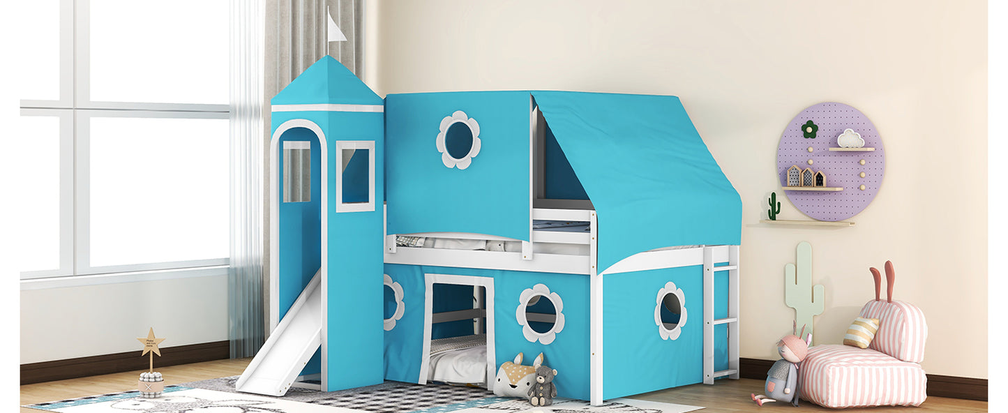 Blue Castle Bunk Bed - Full Size with Slide and Tower