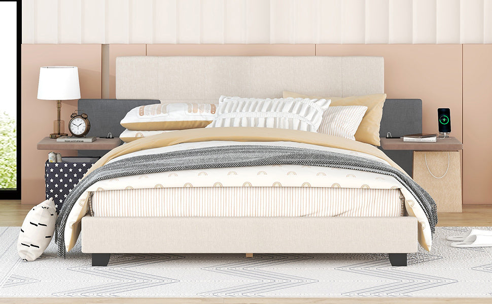 Queen Size Upholstered Platform Bed with Bedside Shelves and USB Charging Design, Beige+Gray