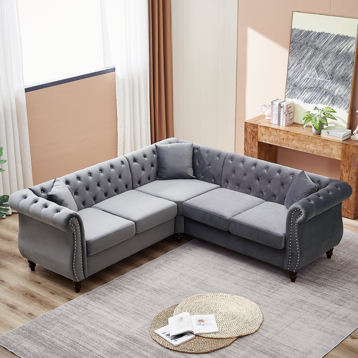 83.5-Inch Oversized L-Shaped Sectional Couch with 3 Pillows