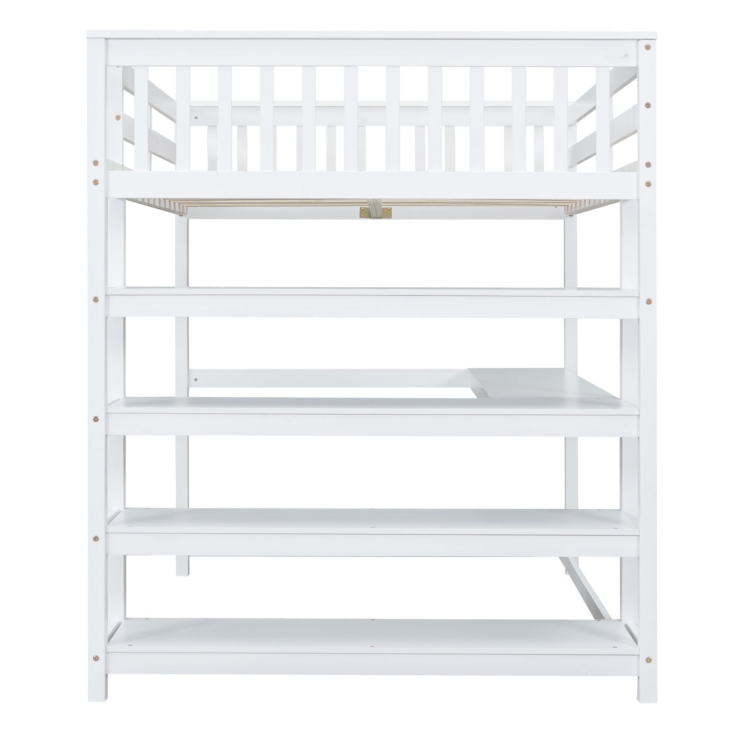 Full Size Loft Bed with Storage Shelves and Under-bed Desk, White