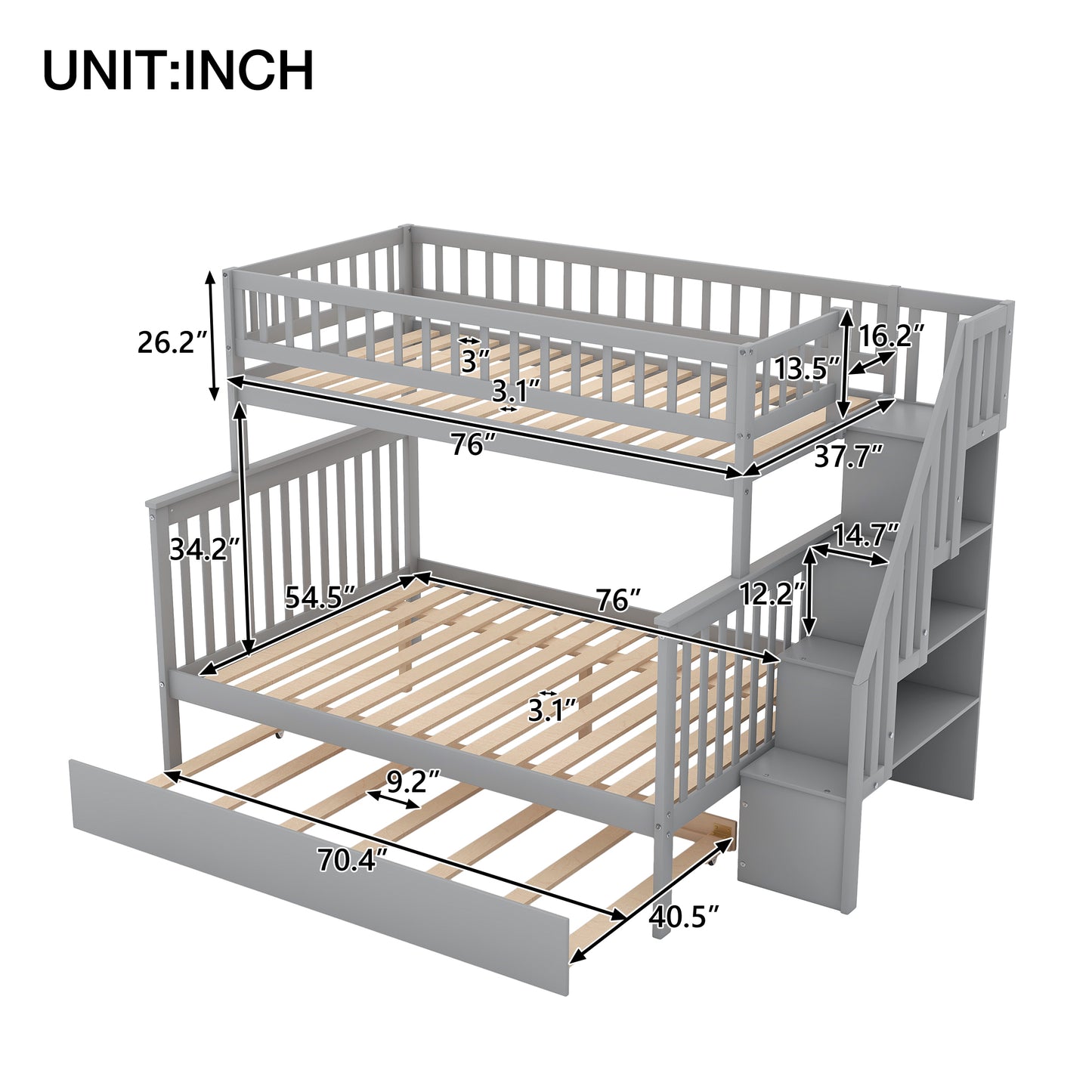 Gray Twin over Full Bunk Bed Set with Trundle, Staircase, and Storage