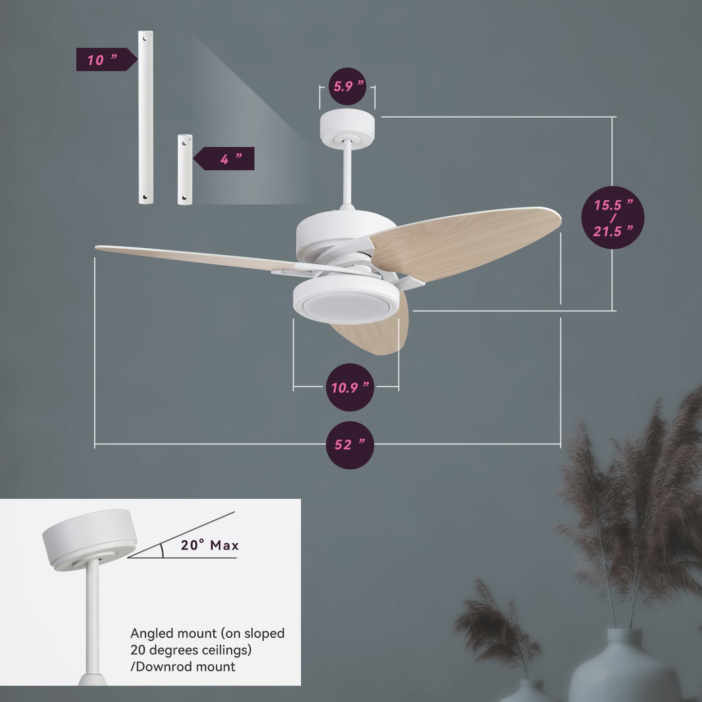 52-Inch Light Wood Ceiling Fan with Remote Control and LED Lighting