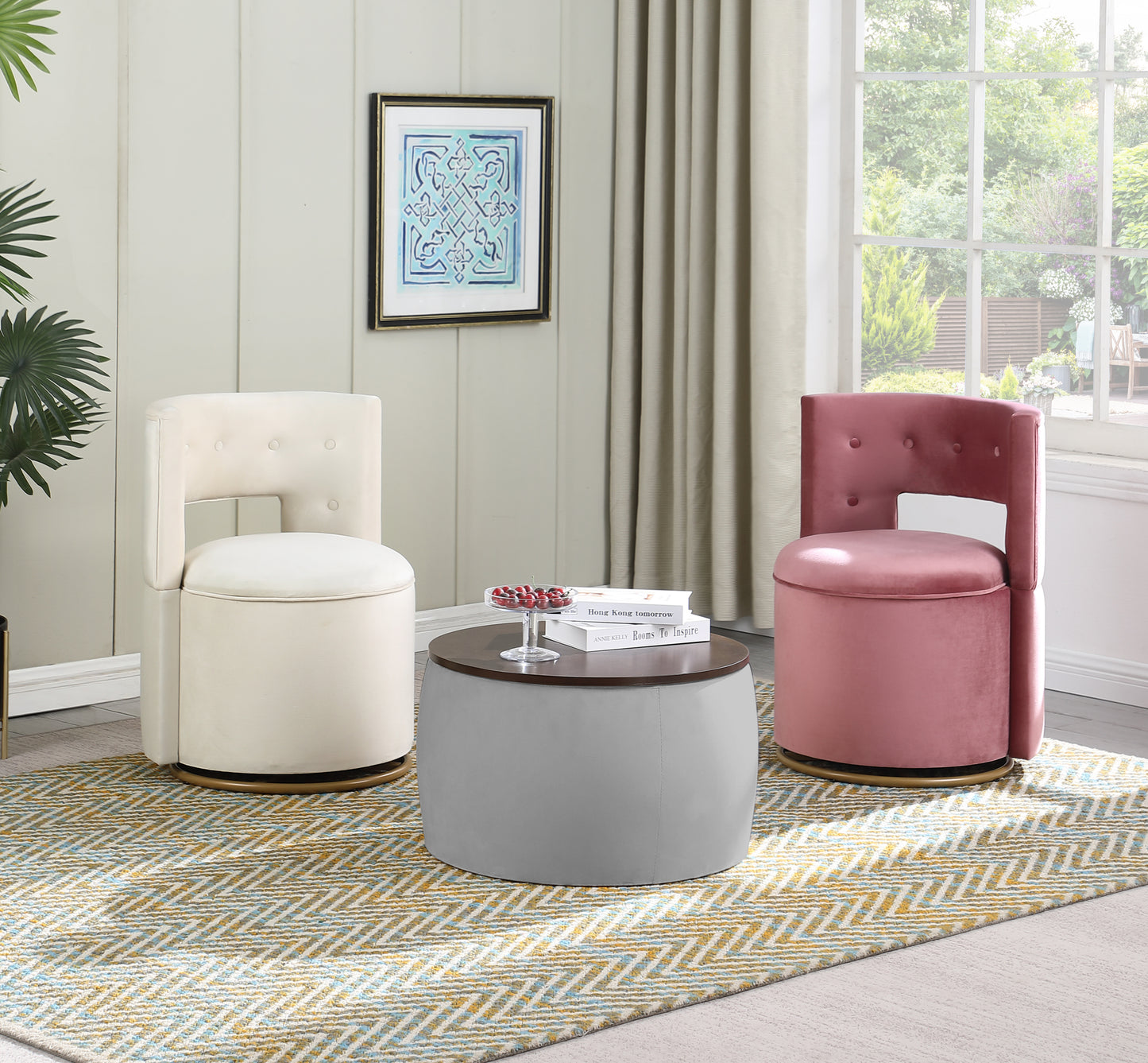 Versatile Round Ottoman Set with Storage and Reversible Lid, 2 in 1 Design for Living Room and Office