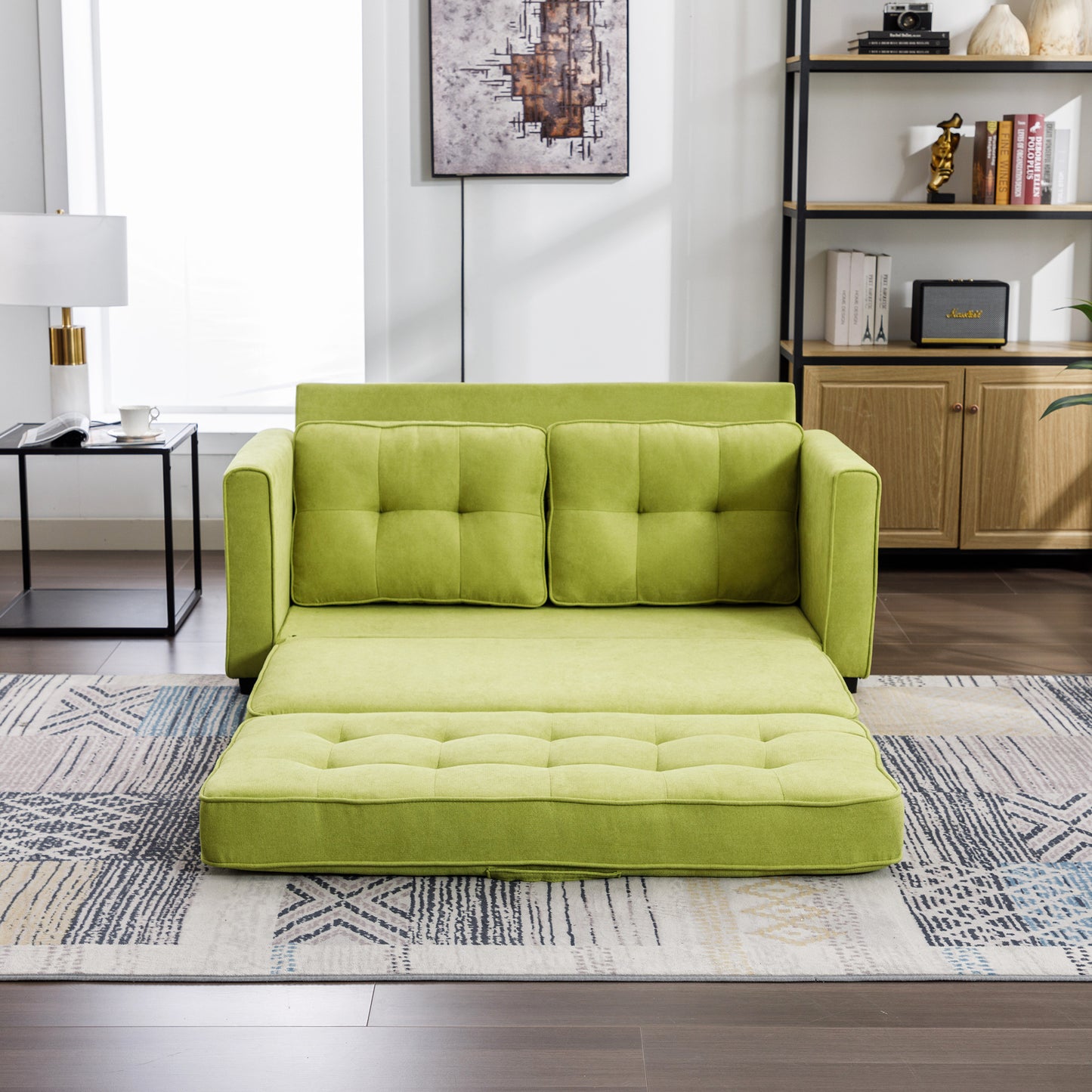 Loveseat Sofa with Pull-Out Bed, Green Chenille Upholstery