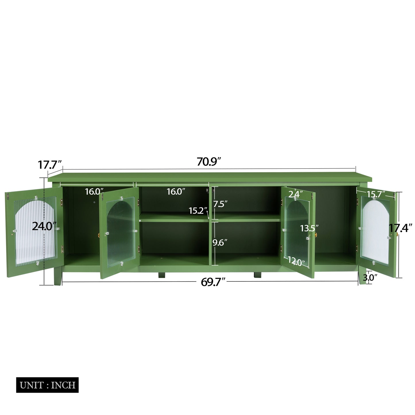 Stylish 71-Inch TV Cabinet with Rainbow Glass Doors and Retro Green Finish