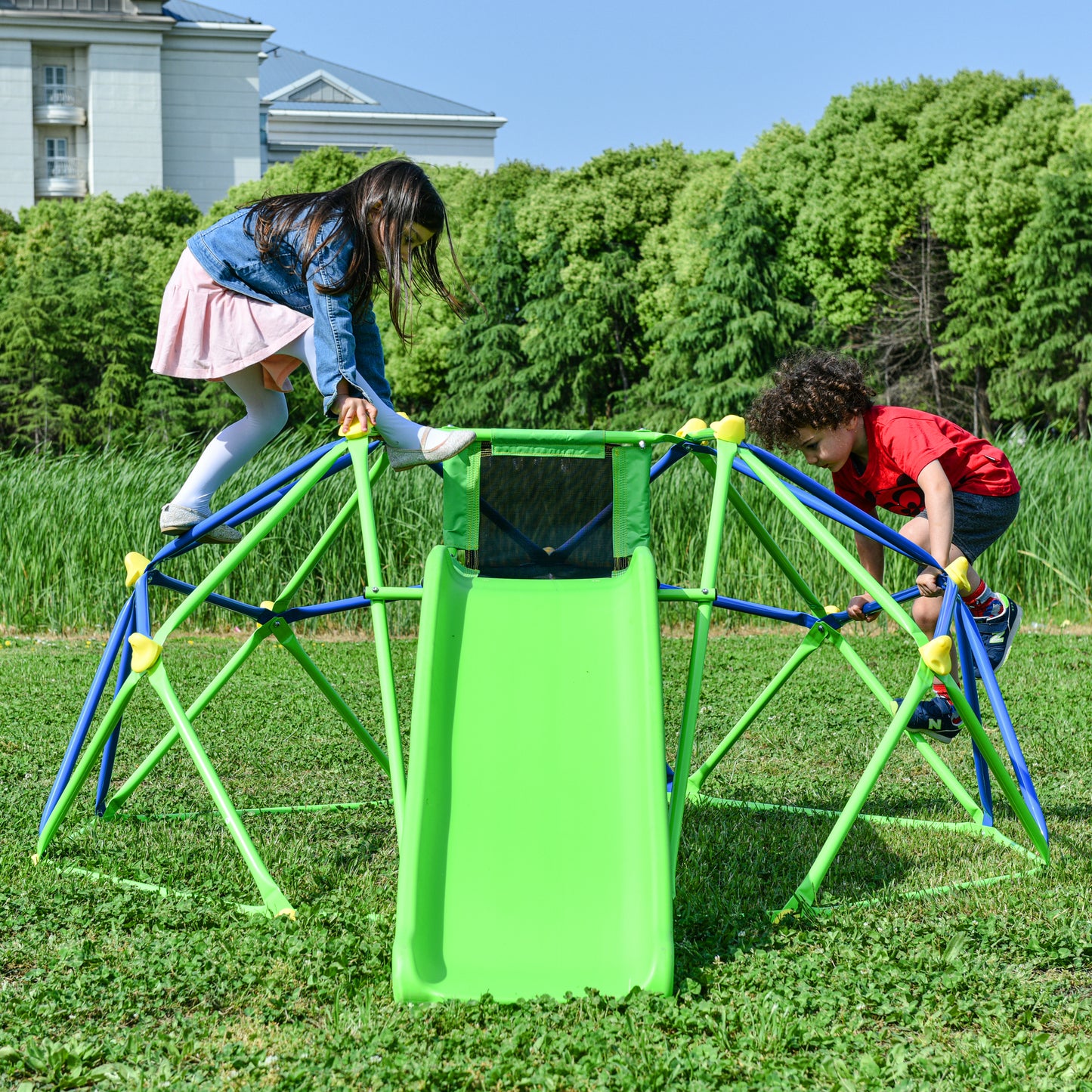 Kids Climbing Dome Jungle Gym with Wave Slide - Outdoor and Indoor Playground for Active Play