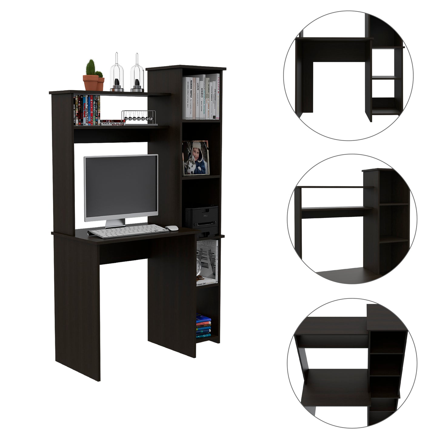 Marston 6-Shelf Writing Desk with Built-in Bookcase - Black Wengue, Space-Saving Modern Workstation