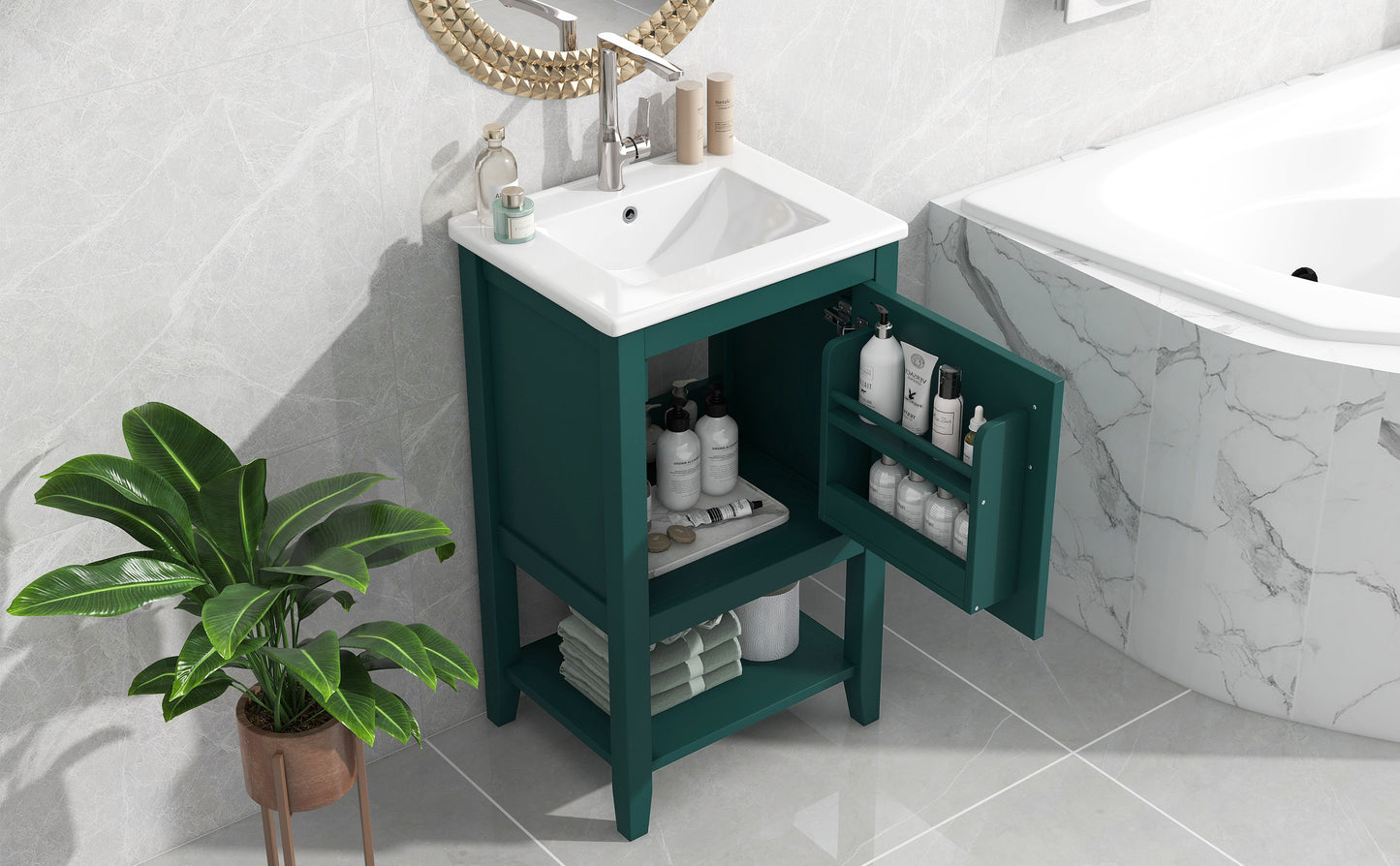 20" Bathroom Vanity with Sink, Bathroom Cabinet with Soft Closing Door, Storage Rack and Open Shelf, Green