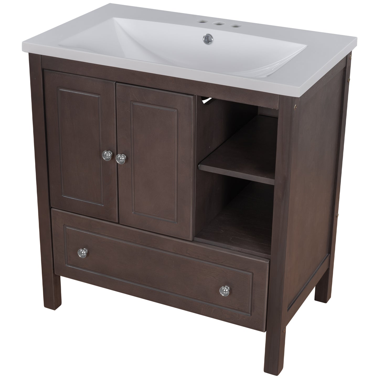 30" Bathroom Vanity with Sink, Bathroom Storage Cabinet with Doors and Drawers, Solid Wood Frame, Ceramic Sink, Brown