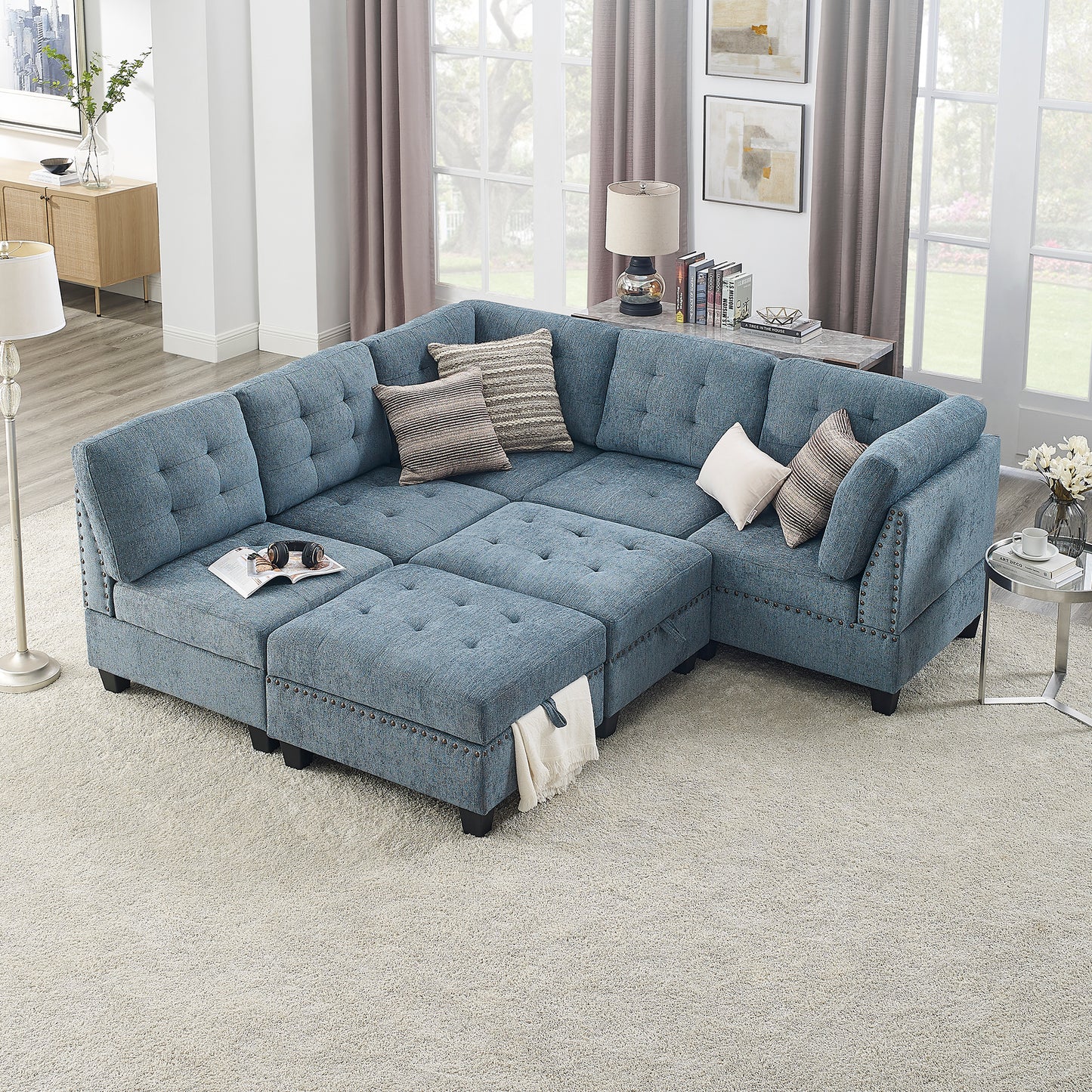 Navy Blue L Shape Modular Sectional Sofa with DIY Combination