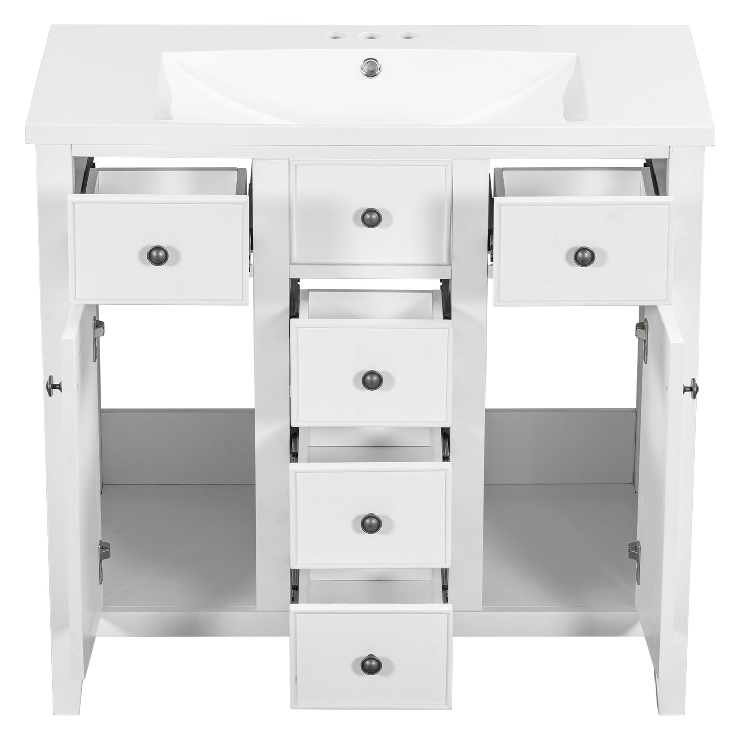 36" Bathroom Vanity with Ceramic Basin, Two Cabinets and Five Drawers, Solid Wood Frame, White