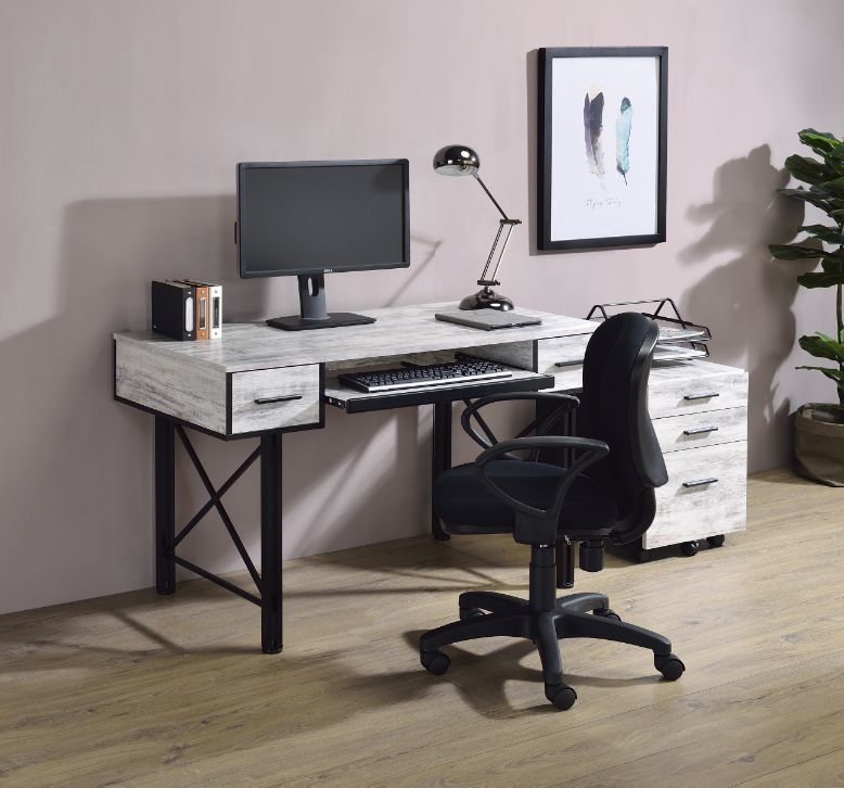 Vintage Rustic Industrial Style Computer Desk in Antique White & Black Finish