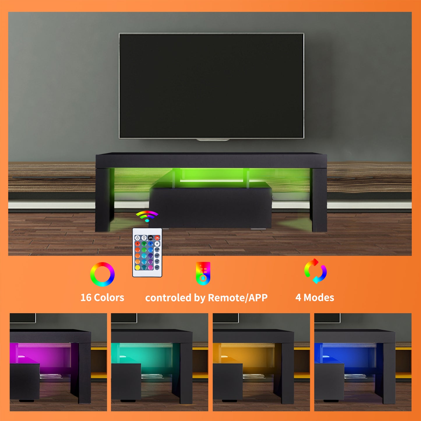 Sleek LED TV Stand with Drawer, Color-Changing Lights, and Modern Design