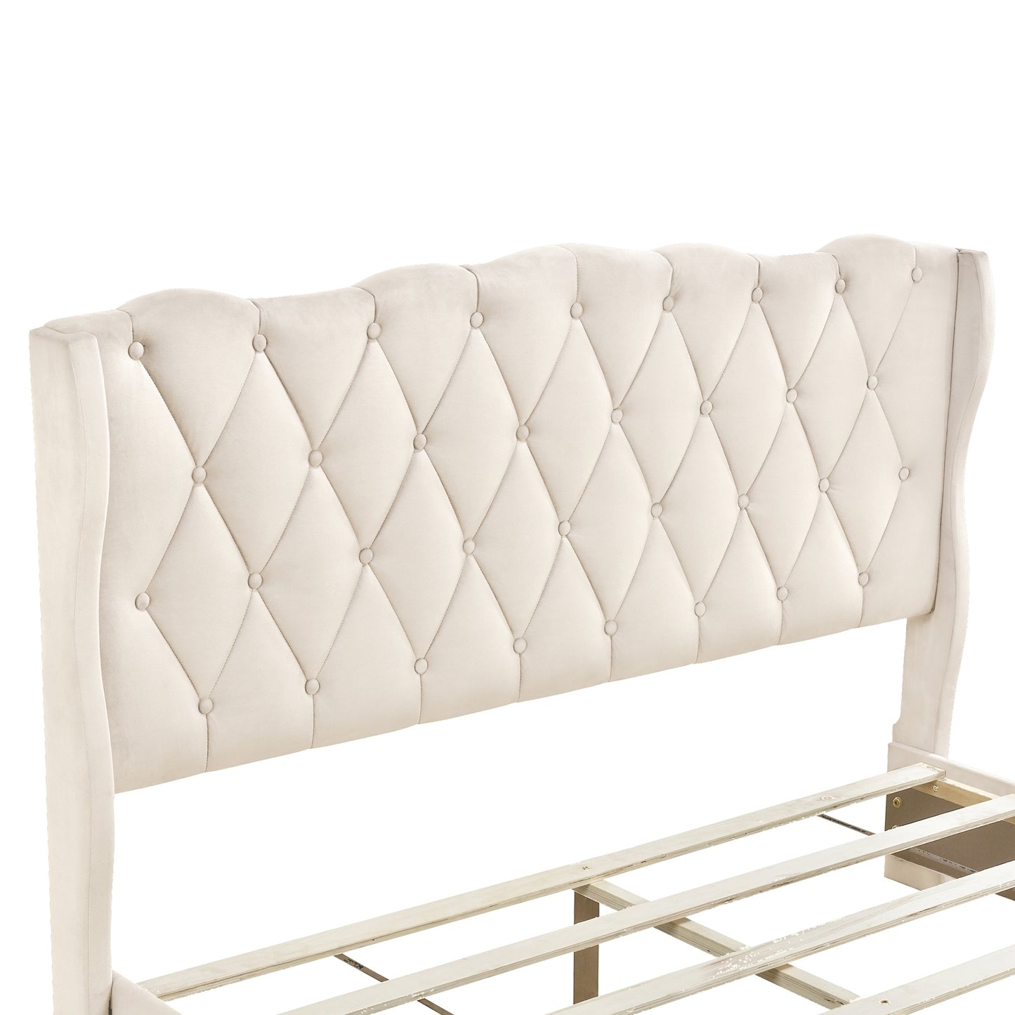 Upholstered Platform Bed with Tufted Headboard and 3 Drawers, No Box Spring Needed, Velvet Fabric, Queen Size Beige