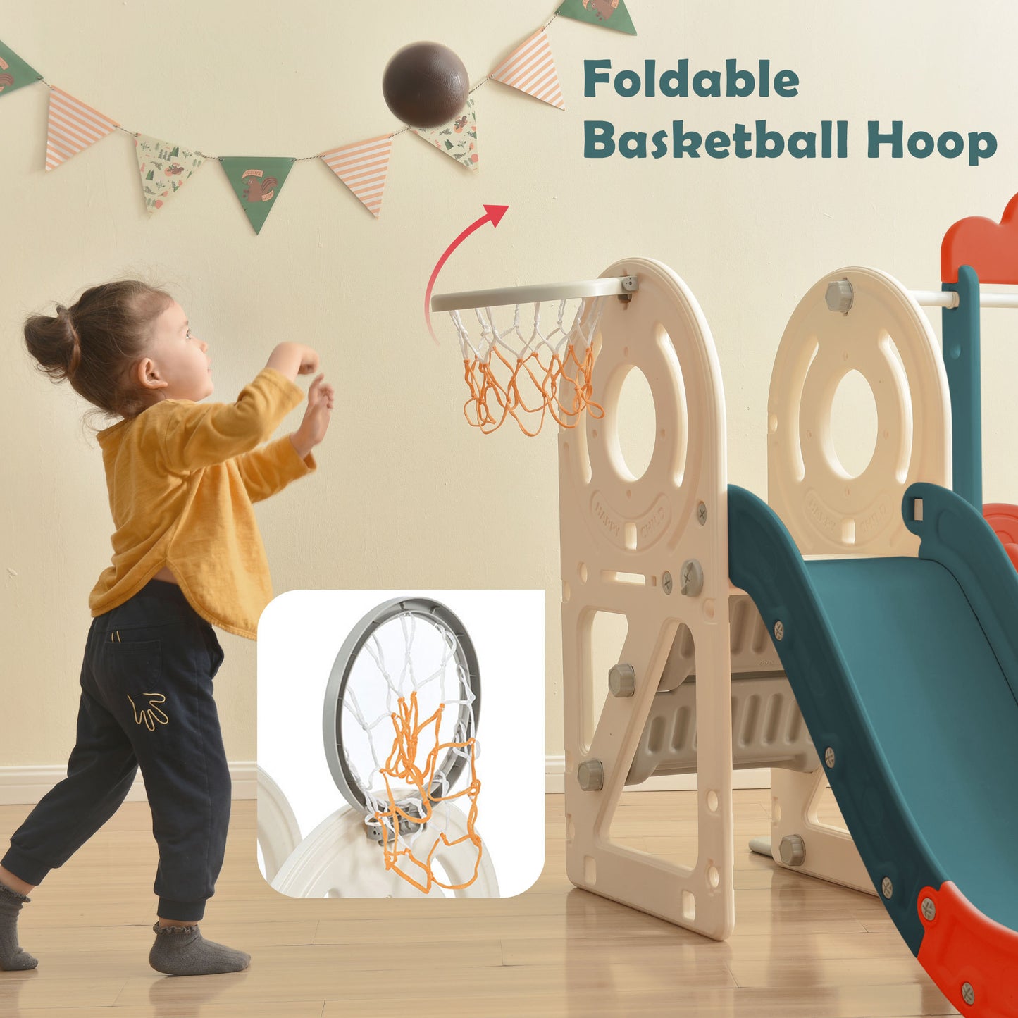 Children's Freestanding Bus Slide and Play Structure with Basketball Hoop