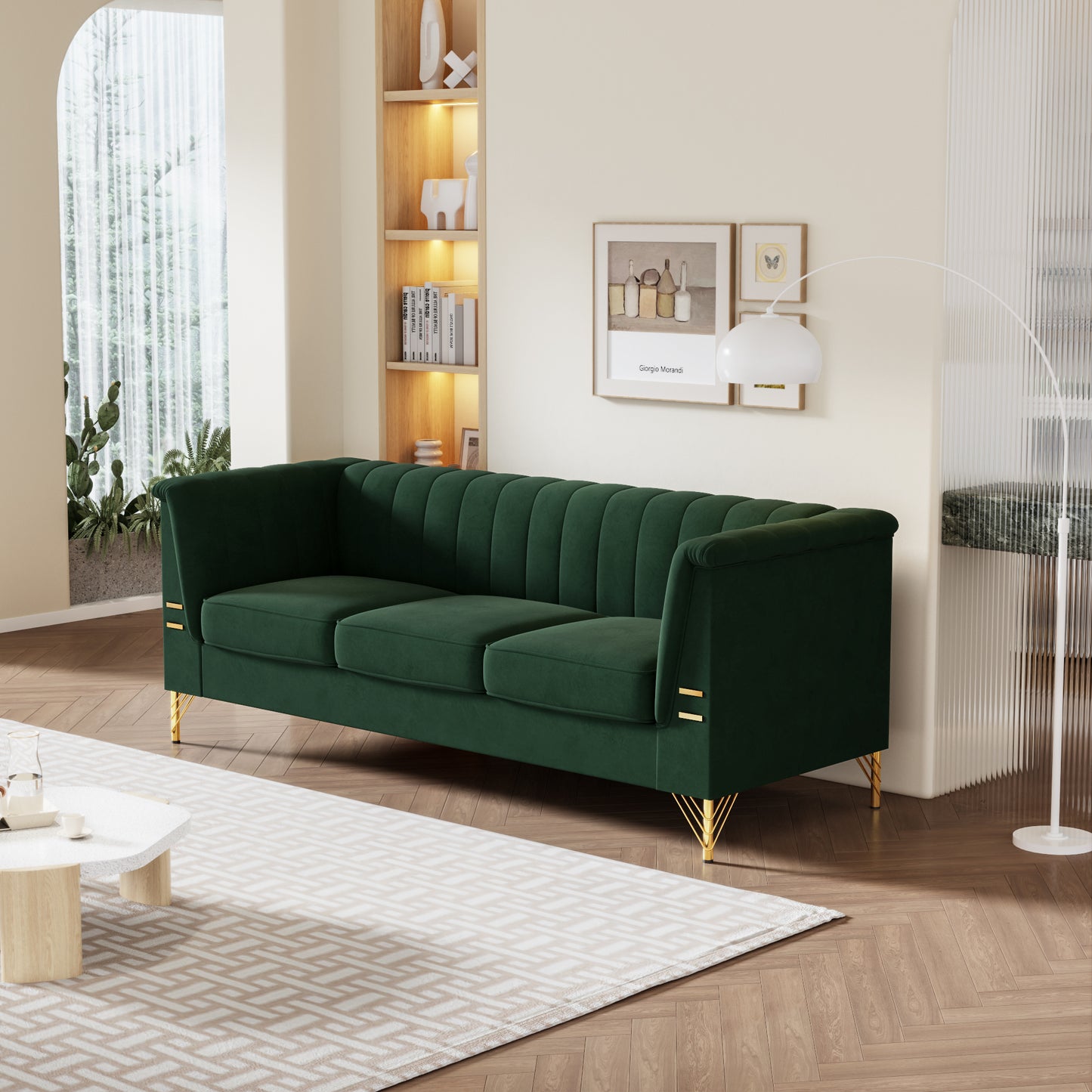 FX-P82-GR(sofa)-82.67'' W Velvet Sofa, Mid-Century Sofa Furniture Chesterfield Couch for Living Room (Sofa, Green)